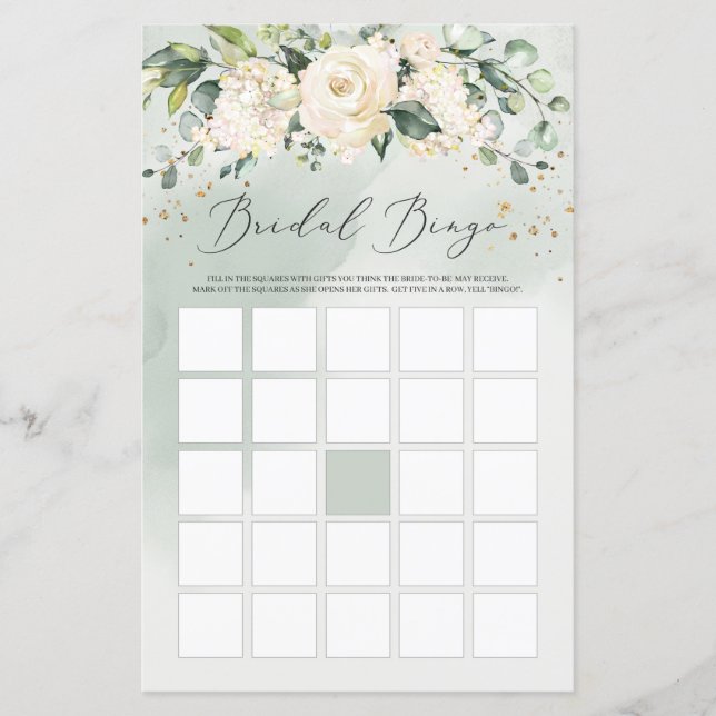 Greenery Boho White Roses Floral Bingo Game (Voorkant)
