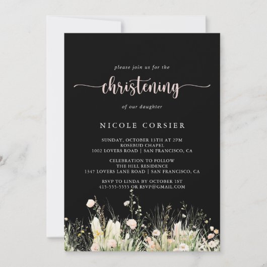 Greenery Boho Wildflower Black Christening Kaart (Voorkant)