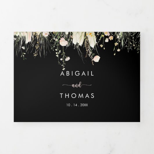 Greenery Boho Wildflower Black De bruiloft van Drieluik Uitnodiging (Cover)
