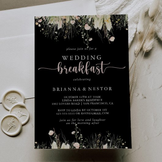 Greenery Boho Wildflower Black Wedding Ontbijt Kaart