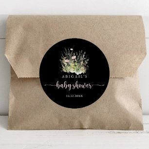 Greenery Boho Wildflower Zwart Baby shower Favorie Ronde Sticker