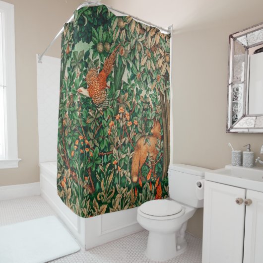 GREENERY, BOSBOUWDIEREN, fazant, vossen, groene bl Douchegordijn (In situ)