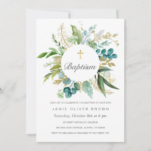 Greenery Botanical Baptism Invitation Boy Kaart