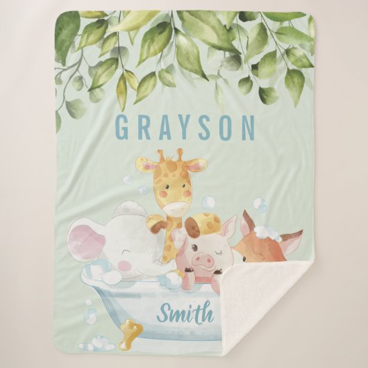 Greenery Botanical Cute Baby Animals in een buisje Sherpa Deken (Voorkant)