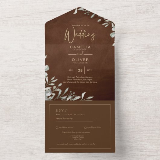 Greenery Brown Wedding Herfst Winter All In One Uitnodiging (Binnen)