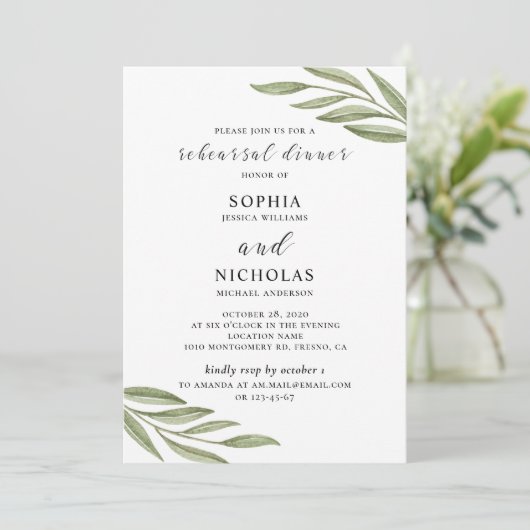 Greenery bruiloft repetitie diner uitnodiging (Staand voorkant)
