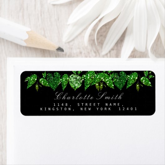 Greenery Cali Black Glitter Woodland Ivy Leaf RSVP Etiket (Insitu)