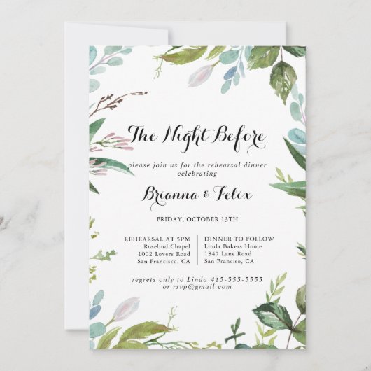 Greenery Calligraphy Night before Rehearsal Dinner Kaart (Voorkant)