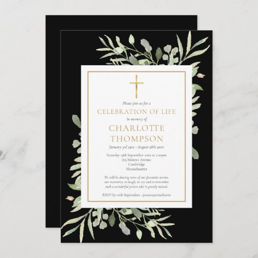 Greenery Celebration of Life Black Gold Funeral Kaart (Voorkant / Achterkant)
