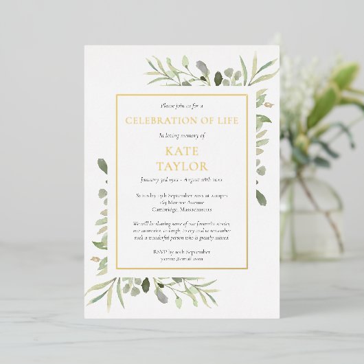 Greenery Celebration of Life Funeral Gold Folie Uitnodiging (Staand Voorkant)