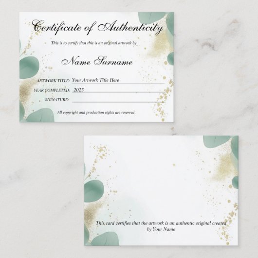 Greenery Certificaat van Authenticiteit Kunstwerk  (Voorkant / Achterkant)