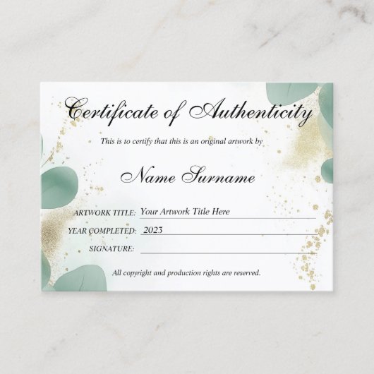 Greenery Certificaat van Authenticiteit Kunstwerk  (Voorkant)