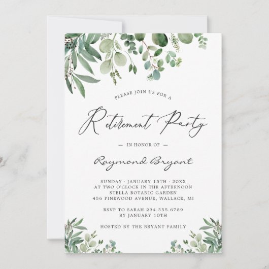 Greenery Chic Eucalyptus Leaves Retirement Party Kaart (Voorkant)
