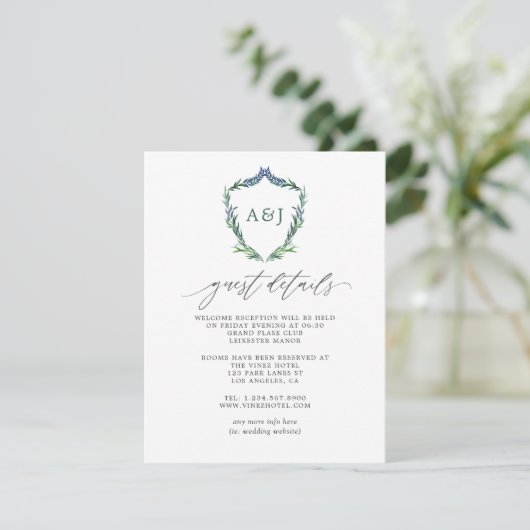 Greenery Crest Monogram Weddenschap Details Informatiekaartje (Staand voorkant)