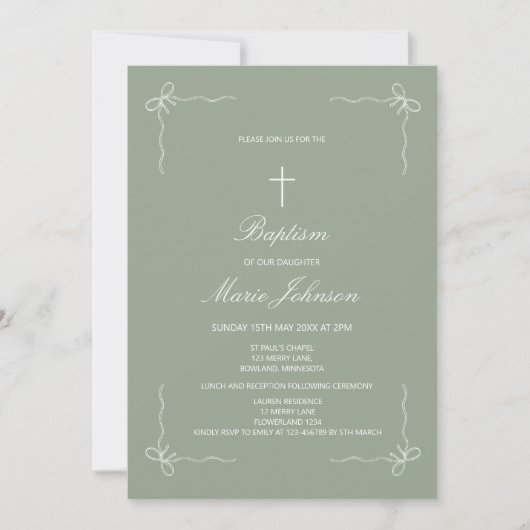Greenery custom girl modern baptism invitation (Devant)