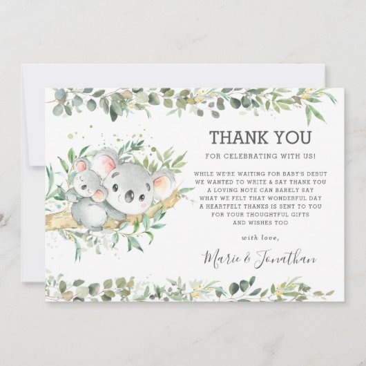 Greenery Cute Koala Gender Neutral Baby shower  Bedankkaart (Voorkant)