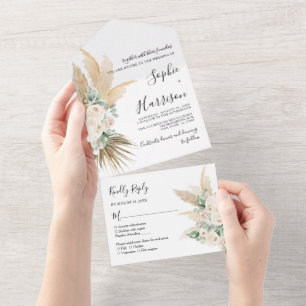 Greenery Desert Boho Pampas Grass Wedding All In One Uitnodiging