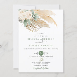 Greenery Desert Boho Roos Pampas Grass Wedding Kaart