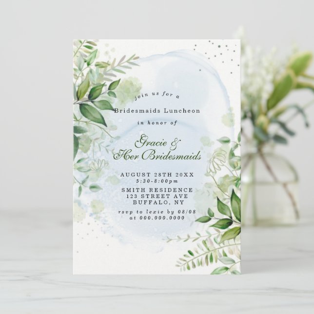 Greenery Dusty Blue Bridesmaids Luncheon Invites (Staand voorkant)