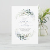Greenery Dusty Blue Modern Elegant Wedding Kaart (Staand voorkant)