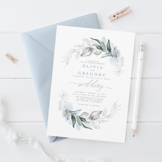 Greenery Dusty Blue Modern Elegant Wedding Kaart