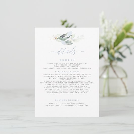 Greenery Elegant Dusty Blue Wedding Details Informatiekaartje (Staand voorkant)