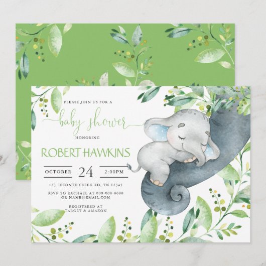 Greenery Elephant Baby shower Invitation Kaart (Voorkant / Achterkant)