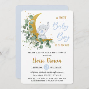 Greenery Elephant Moon Sweet Baby Boy Shower Kaart