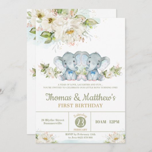 Greenery Elephant Twin Boys 1st Birthday Party Kaart (Voorkant / Achterkant)