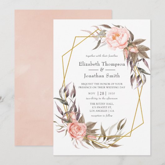 Greenery en Blush Pink Floral Wedding Kaart (Voorkant / Achterkant)