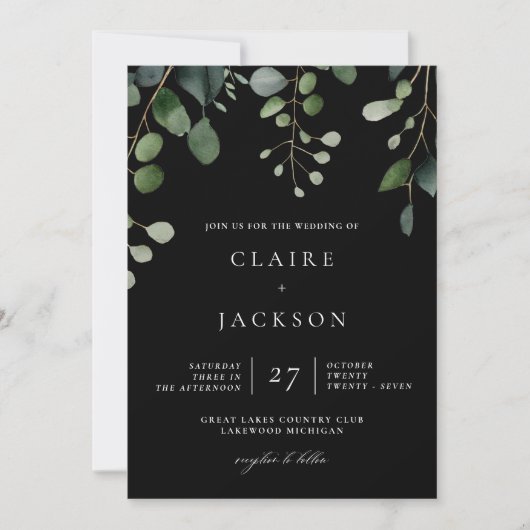 Greenery en Eucalyptus Modern Wedding Black Kaart (Voorkant)