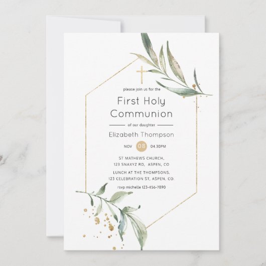 Greenery en Gold Glitter Geometric Heilige Communi Kaart (Voorkant)