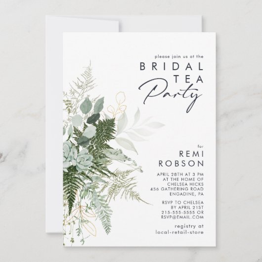 Greenery en Gold Leaf Bridal Tea Party Invitation Kaart (Voorkant)