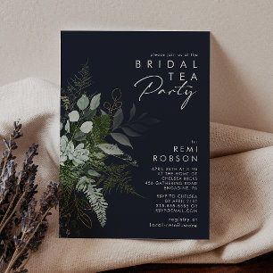 Greenery en Gold Leaf Dark Navy Bridal Tea Party Kaart