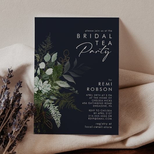 Greenery en Gold Leaf Dark Navy Bridal Tea Party Kaart