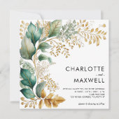 Greenery en Gold Leaf Square Sage Wedding Kaart (Voorkant)