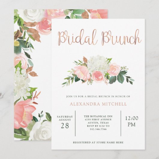 Greenery en Pink Floral | Bridal Brunch Kaart (Voorkant / Achterkant)