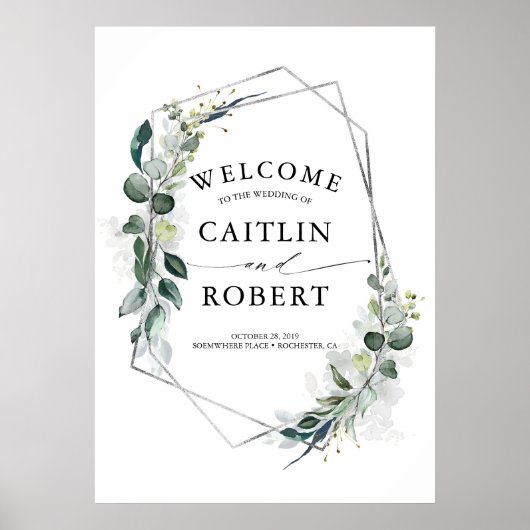 Greenery en Silver Geometric Lijst Wedding Poster (Voorkant)