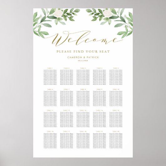 Greenery en White Flowers Wedding Seating Chart Poster (Voorkant)