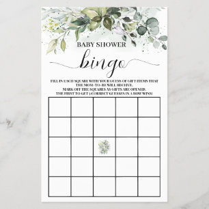 Greenery Eucalyptus Baby shower Bingo Game card Flyer