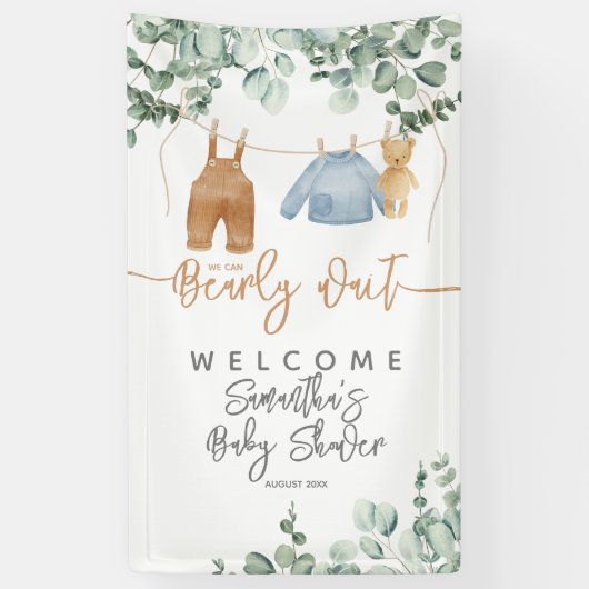 Greenery eucalyptus Bearly wait Baby shower Welcom Spandoek (Verticaal)