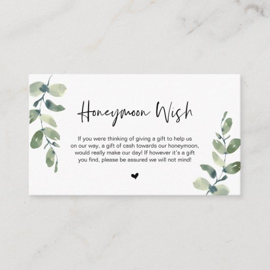 Greenery Eucalyptus, Black Font, Honeymoon Wish Informatiekaartje (Voorkant)