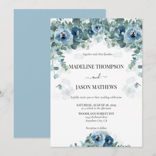 Greenery Eucalyptus Dusty blue Floral 2 Wedding Kaart (Voorkant / Achterkant)