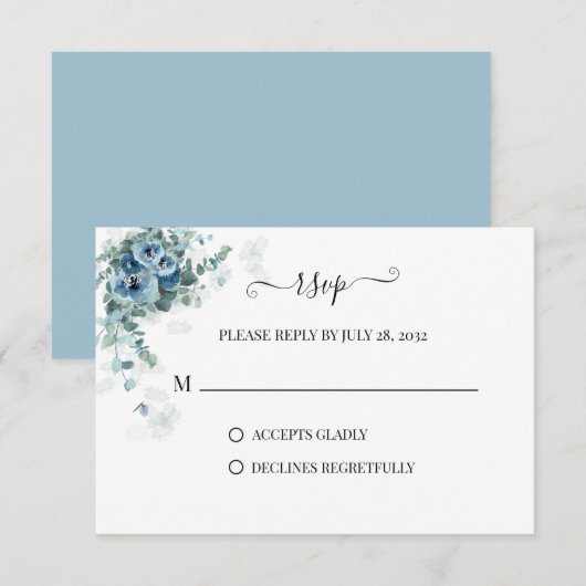 Greenery Eucalyptus Dusty blue Floral 2 Wedding RSVP Kaartje (Voorkant / Achterkant)