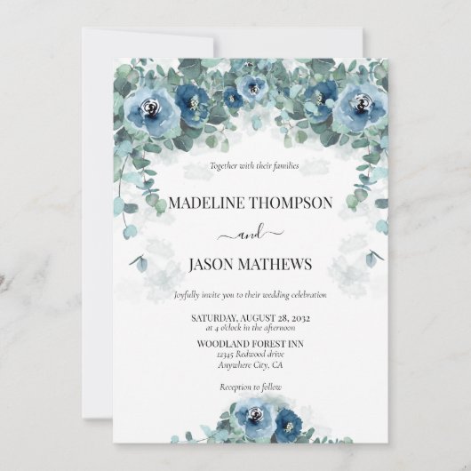 Greenery Eucalyptus Dusty blue Floral Wedding Kaart (Voorkant)