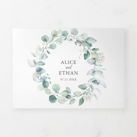 Greenery Eucalyptus Elegant QR Code Weddenschap Drieluik Uitnodiging (Cover)