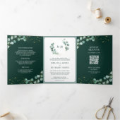 Greenery Eucalyptus Emerald Green QR Code Wedding Drieluik Uitnodiging (Binnen)
