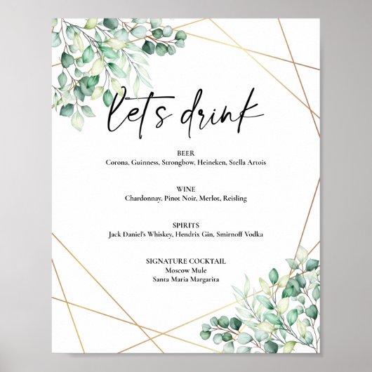 Greenery Eucalyptus Geometric Drink Bar Menu Poster (Voorkant)