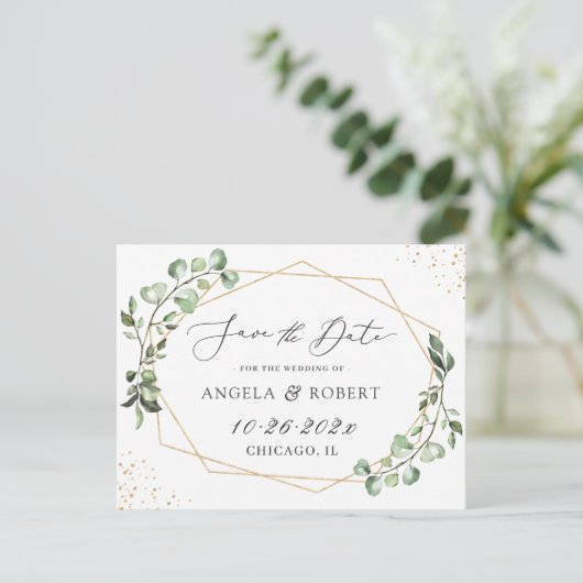 Greenery Eucalyptus Geometric Lijst Save the Date Briefkaart (Staand voorkant)