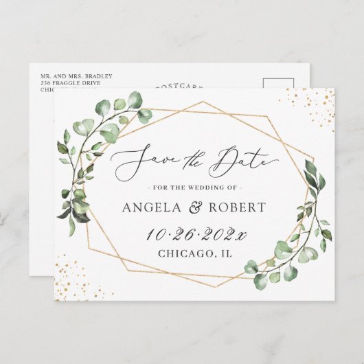 Greenery Eucalyptus Geometric Lijst Save the Date Briefkaart (Voorkant / Achterkant)